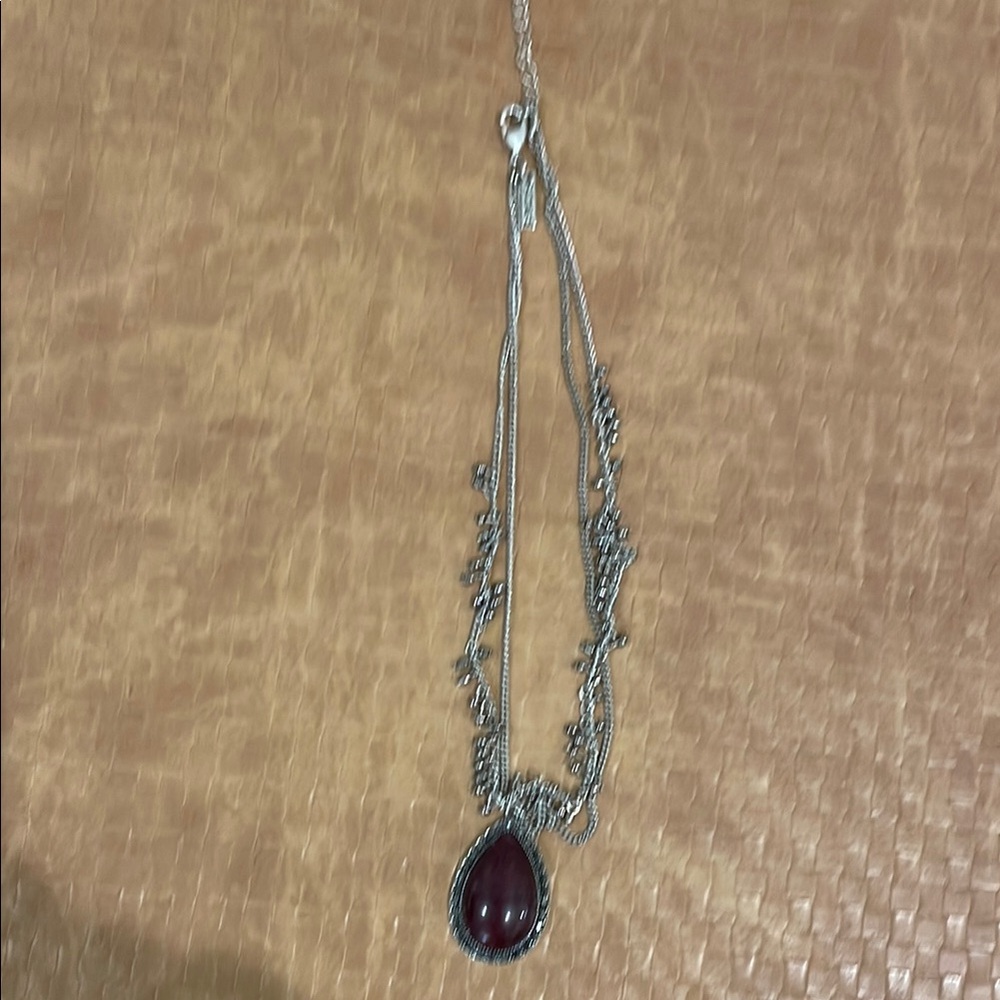 White House Black Market Silver Necklace with Red Teardrop Pendant